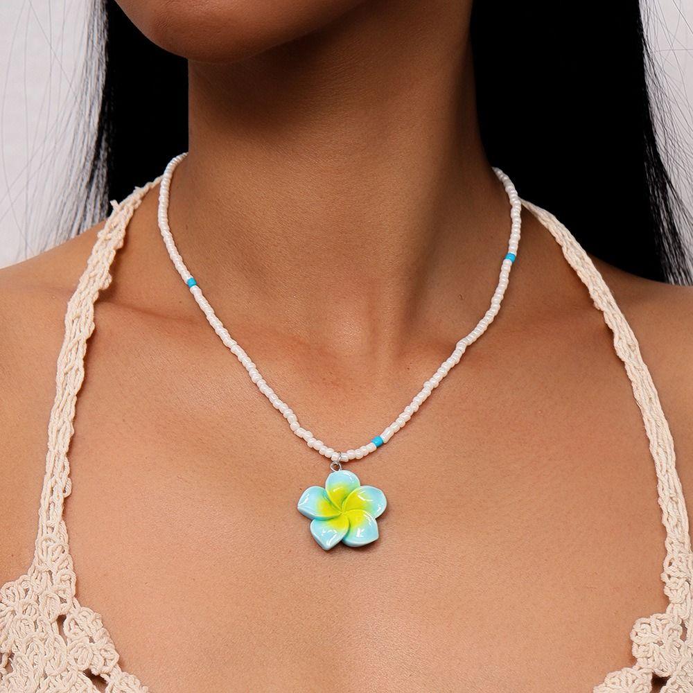 5Pcs Colorful Bead Choker Resin Plumeria Necklace Fashion Flower Beaded Necklace Daily Wear