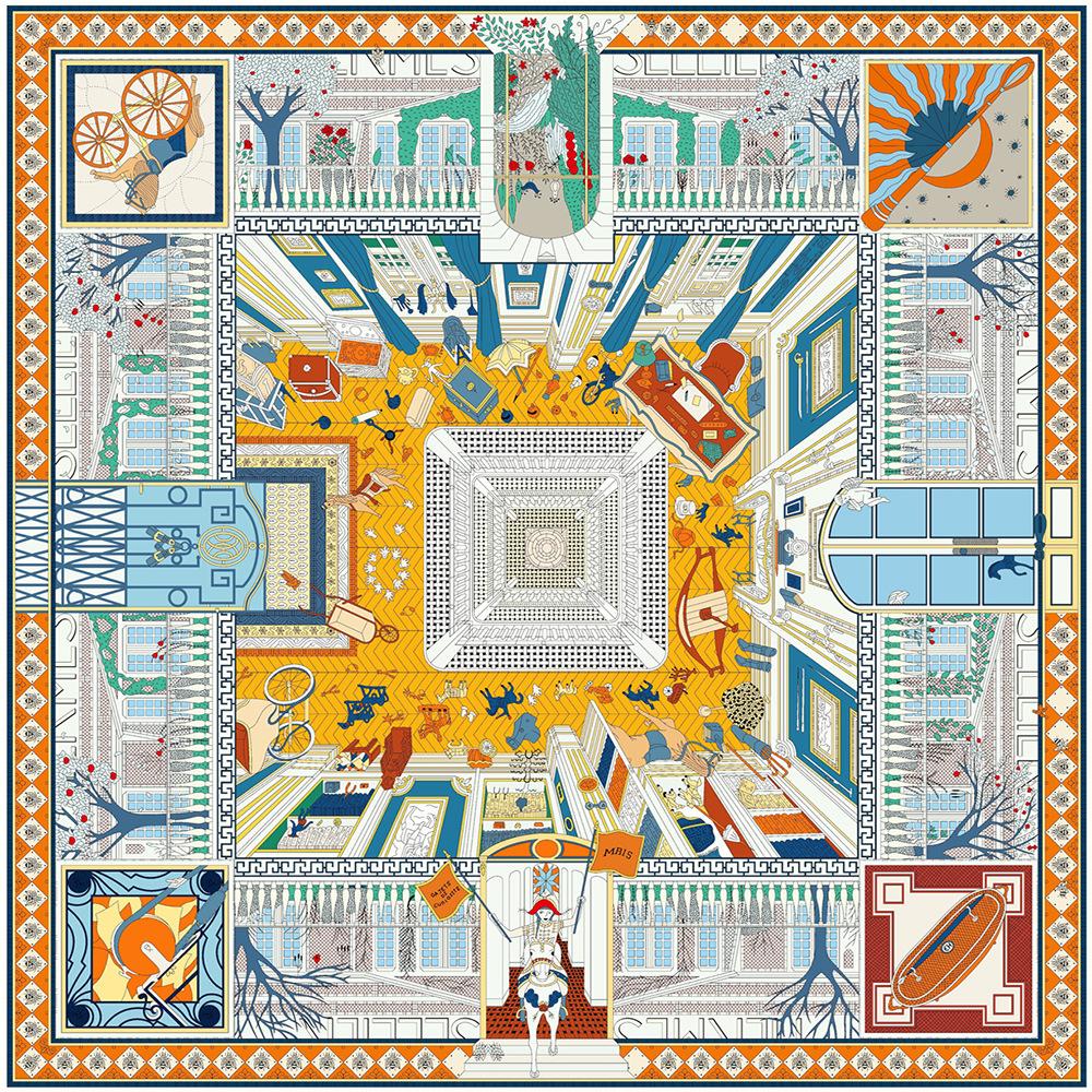 New Design Shawl Palace Printed Silk Scarf 90cm Square Scarves Lady Wraps Kerchief Woman Neck Shawl Wraps Echarpes