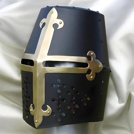 Medieval Crusader Knight Helmet Black Templar Great Helm with Brass Cross Gothic LARP Armor Cosplay Costume Prop