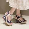 Женские босоножки на танкетке с фруктовым узором, женские босоножки на высоком каблуке, весна-лето 2025, новые женские туфли с бантом в виде рыбьего рта