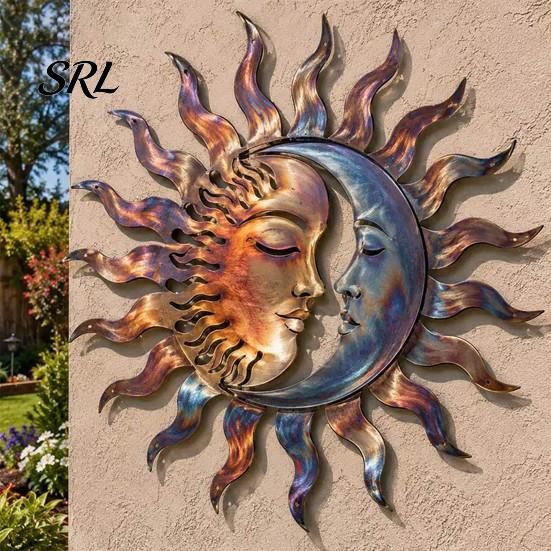 Mysterious Wall Art Metal Sun Outdoor Decor, Outside Moon & Face Art, Rust Modern Relief Ornament Proof Sculpture, Ideal for Yard Patio Garden