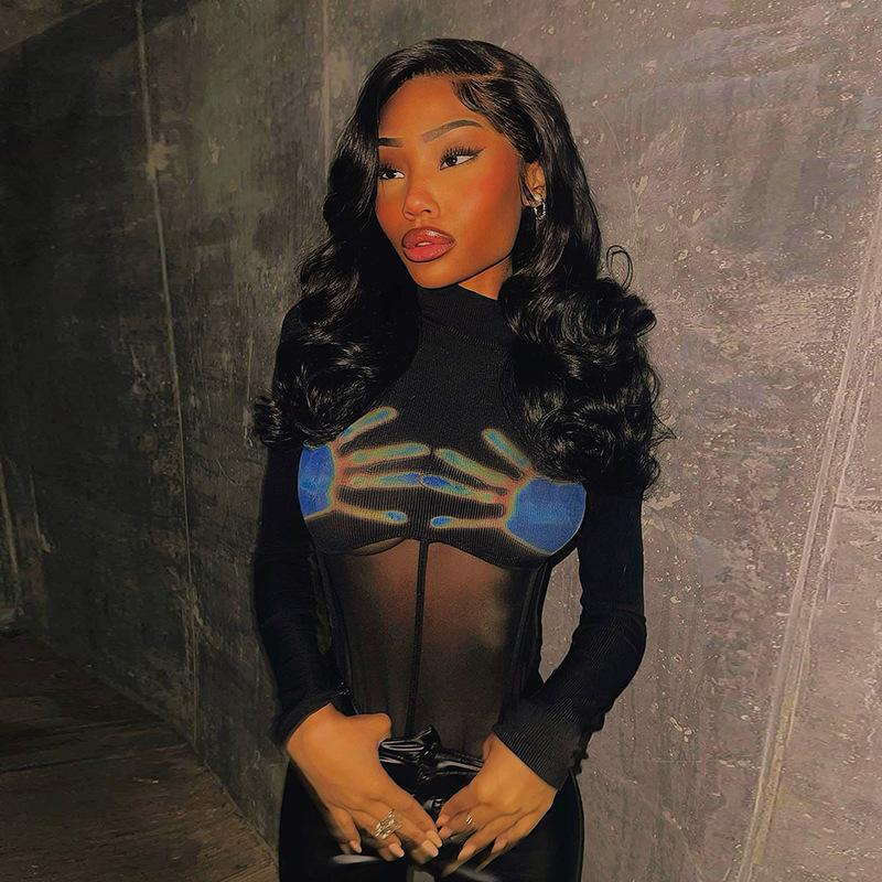 Летний женский комбинезон Y2K с круглым вырезом и длинными рукавами из сетчатого материала с принтом