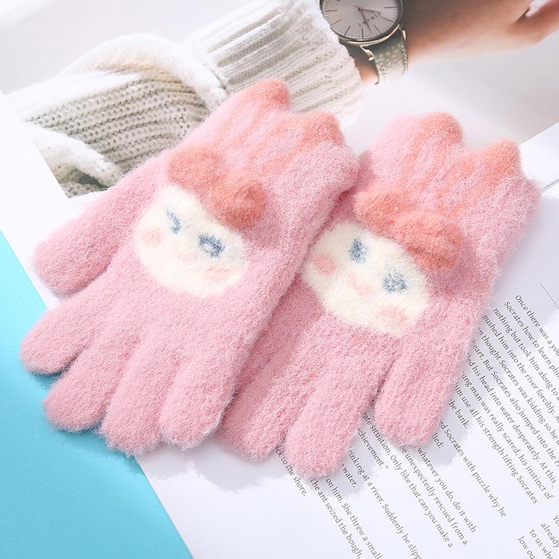 Милые детские шерстяные вязаные теплые перчатки для холодной зимы, ветрозащитные и утолщенные, с пятью пальцами, для школы, для письма и игр со снегом, для езды на велосипеде