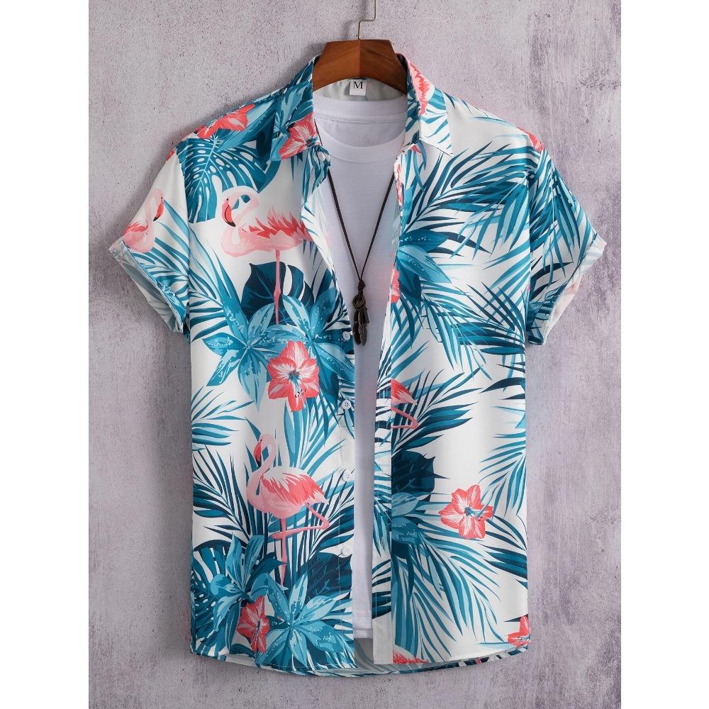 Tropical Coconut Tree Pattern Men's Short Sleeve Button Down Lapel Shirt For Summer Resort Holiday Hawaiian Style Oversized Tops