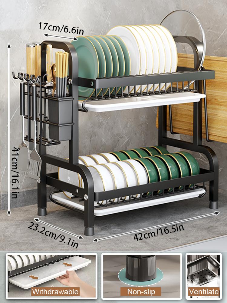 Сушилка для посуды, 2-уровневая, компактная, кухонная сушилка для посуды, комплект с большой сушилкой для посуды из нержавеющей стали с держателем для столовых приборов
