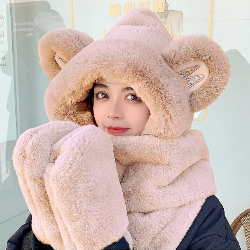 "Women's Winter Little Bear Hat, Scarf, and Gloves Set - Stylish and Warm"