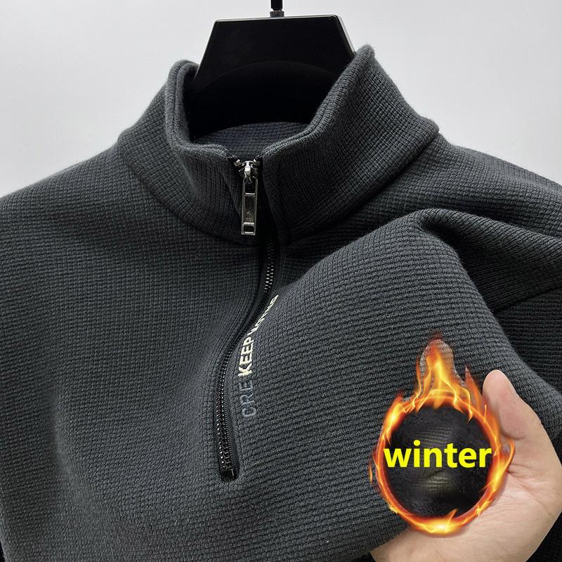Plus Size Men's Autumn And Winter Sweatshirt Zipper Stand Collar Long Sleeves Thickened Fleece Solid Color Neck Guard Mid-length