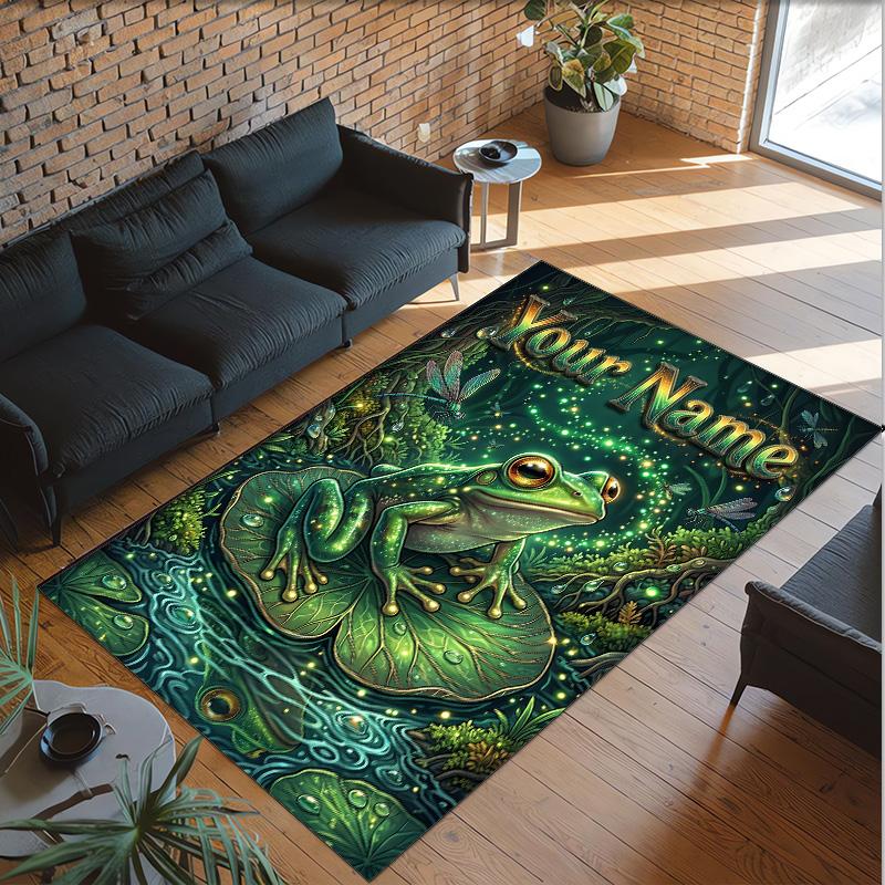 Frog Theme Crystal Velvet Floor Rug Personalized Custom Name Text Warm Carpet Home Decoration
