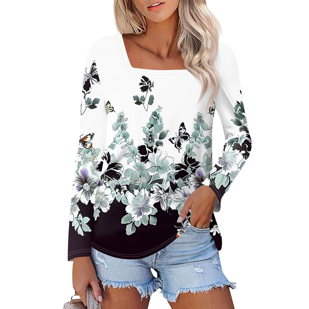 Shirt For Women's Fashion Casual Square Neck Long Sleeve Loose Printed T-Shirt Ladies Top