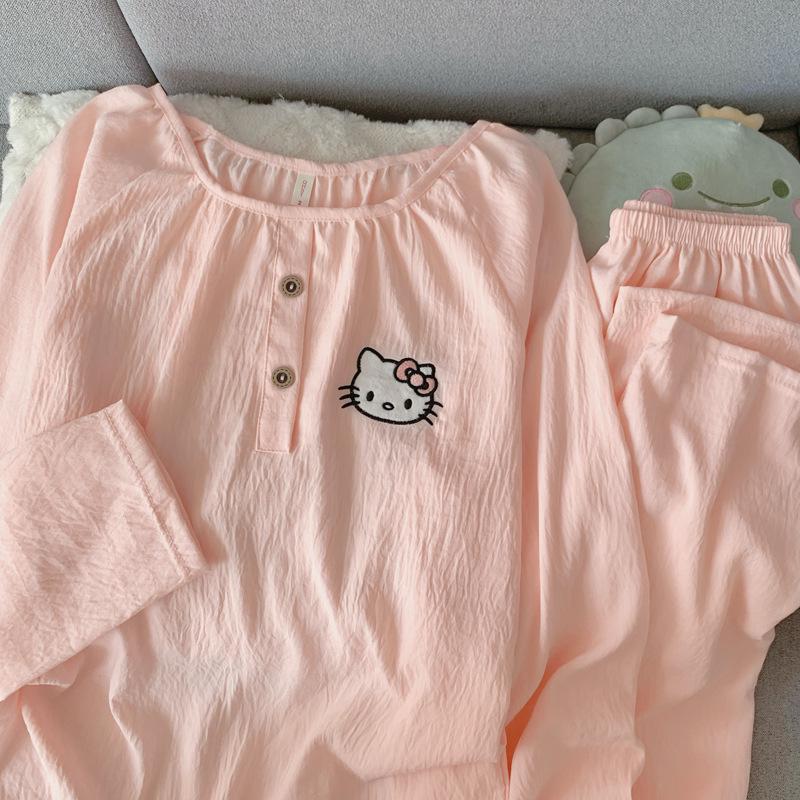 Женский набор пижамы с мультяшным принтом из облачного хлопка – с длинным рукавом, круглым вырезом, больших размеров, для ношения на улице