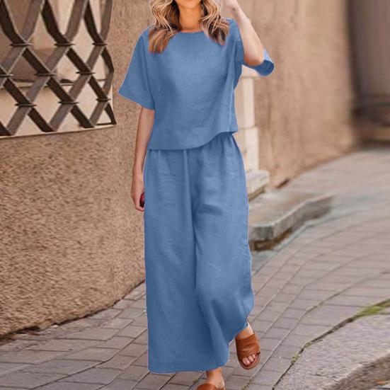 2 Pcs/Set Women Top Pants Set Round Neck Solid Color Short Sleeves T-shirt Adjustable Waist Wide Leg Trousers Casual T-shirt Trousers Set