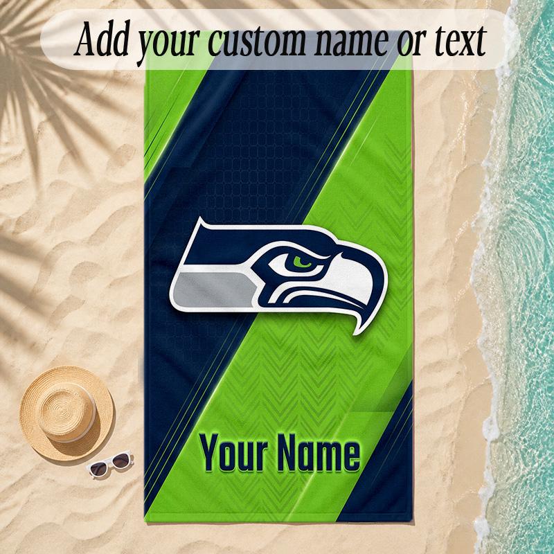 Beach TowelSeattle Seahawks Custom Name Text Personalized Soft Towel for Beach Pool Indoor Home Decor Gift