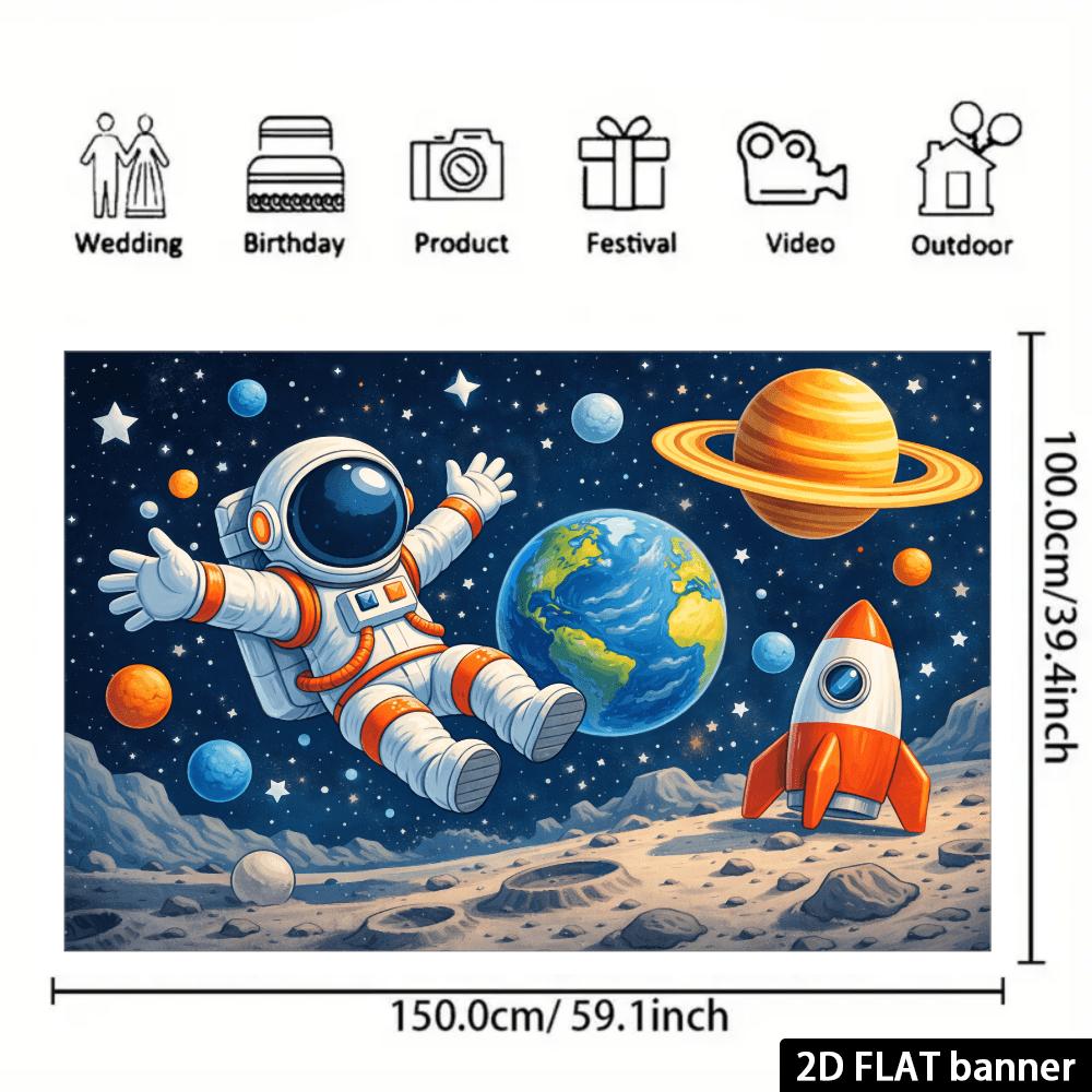 2D plane stretched and floating astronaut background fabric. Cartoon astronaut floating in space and stretching out both arms.