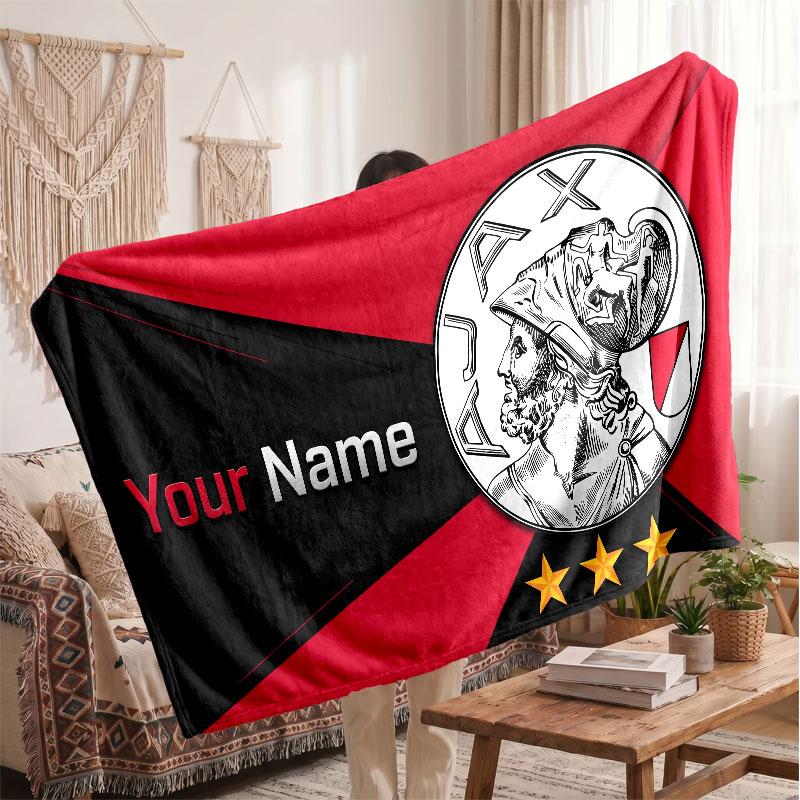 Ajax Amsterdam Personalized Fleece Blanket With Football Logo, Custom Name Text Soft Warm Home Throw Blanket