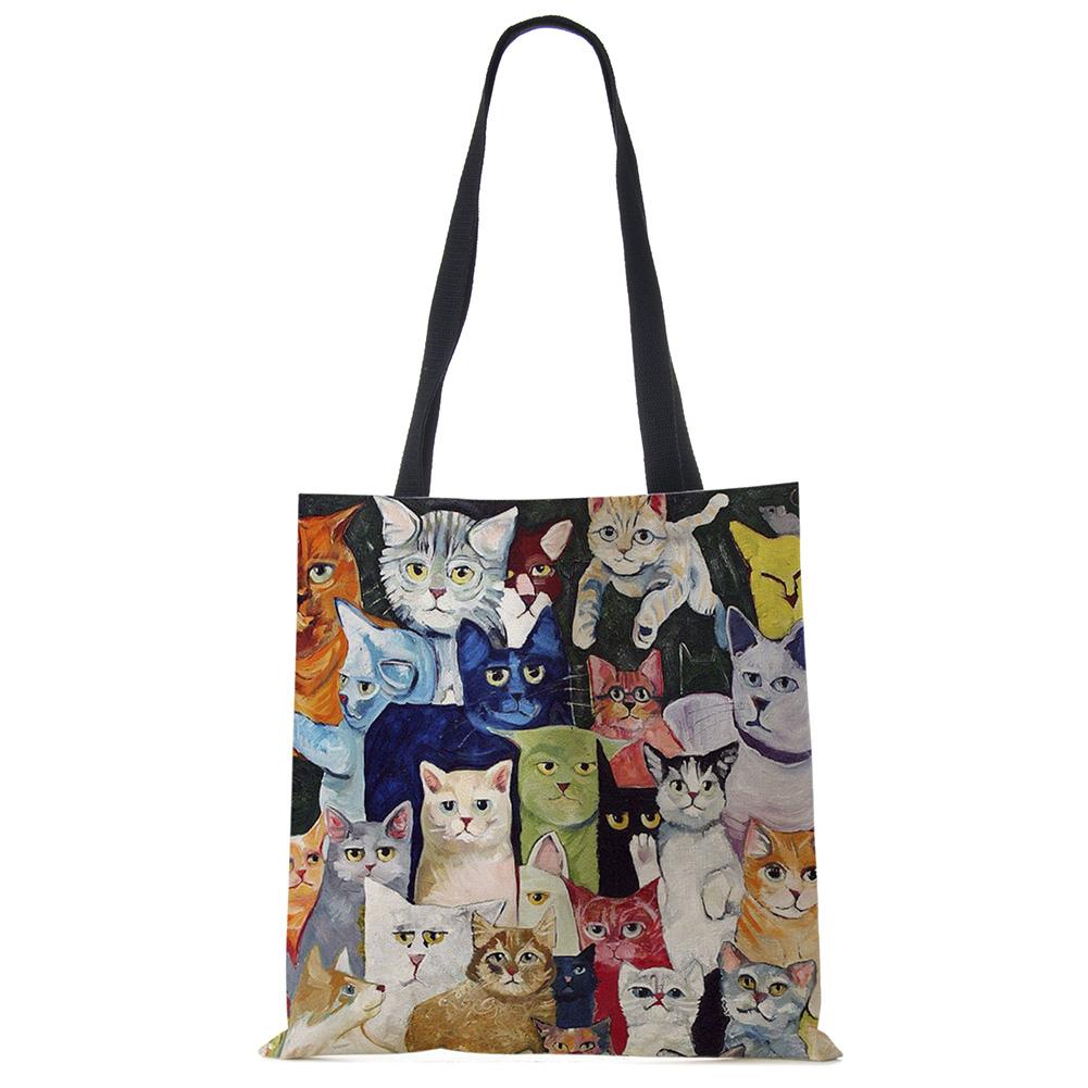 Милая Кавайная Мультяшная Аниме Кошка Принт Льняная Сумка-Тоут Женская Модная Сумка Школьная Дорожная Сумка Через Плечо Многоразовая KTY
