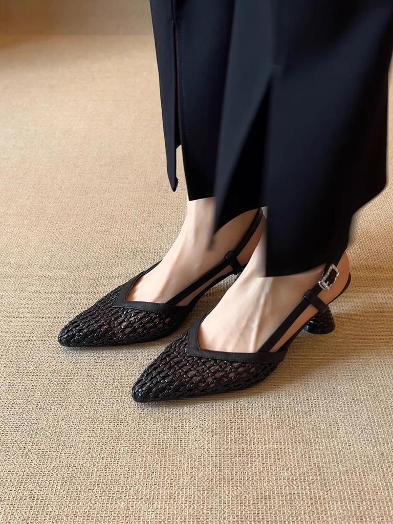 Elegant Woven Hollow Pointed High Heels Retro Soft Sole Versatile Breathable Thick Heel Summer Bag Head Sandals~