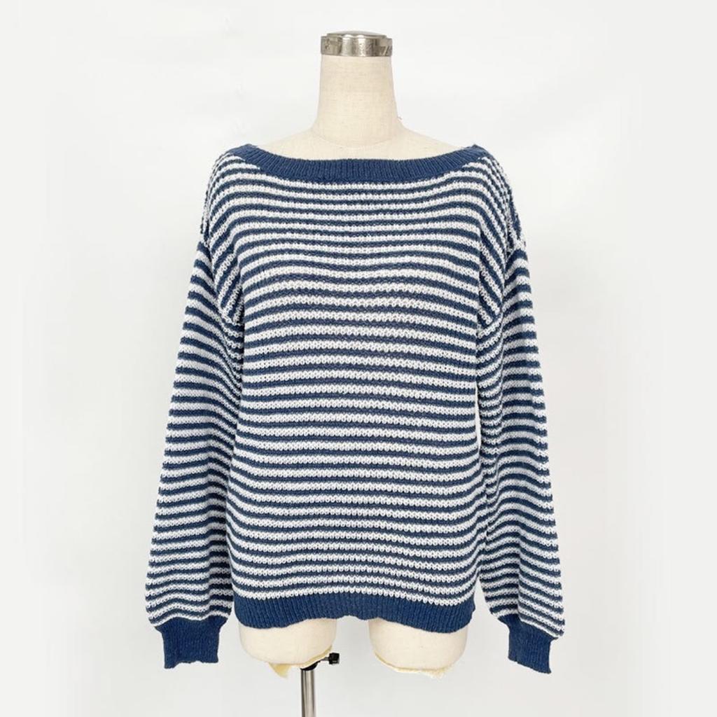 Versatile Knitted Top One-Row Neck Lace-Up Style Sweater Loose Fit Striped Lantern Sleeve Tops