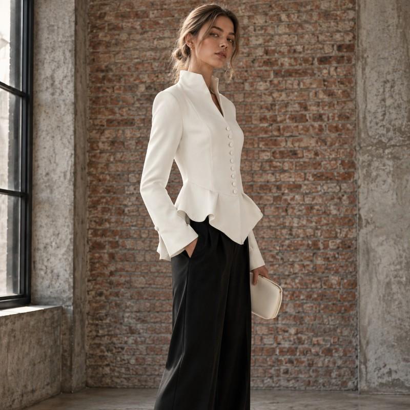 White Stand Collar Blazer Women Slim Fit A-Line Hem Tailored Fabric Elegant Outerwear