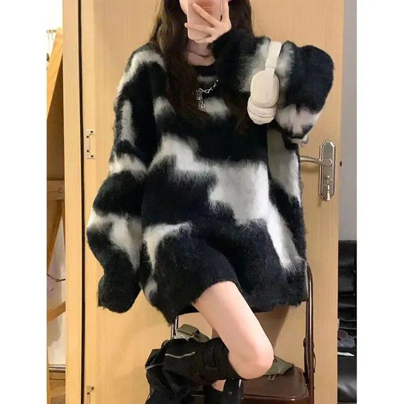 Gothic Women's Sweater Mohair Black and White Mosaic Knitted Pullover Loose and Soft Jumper High Street Autumn Winter Casual Top