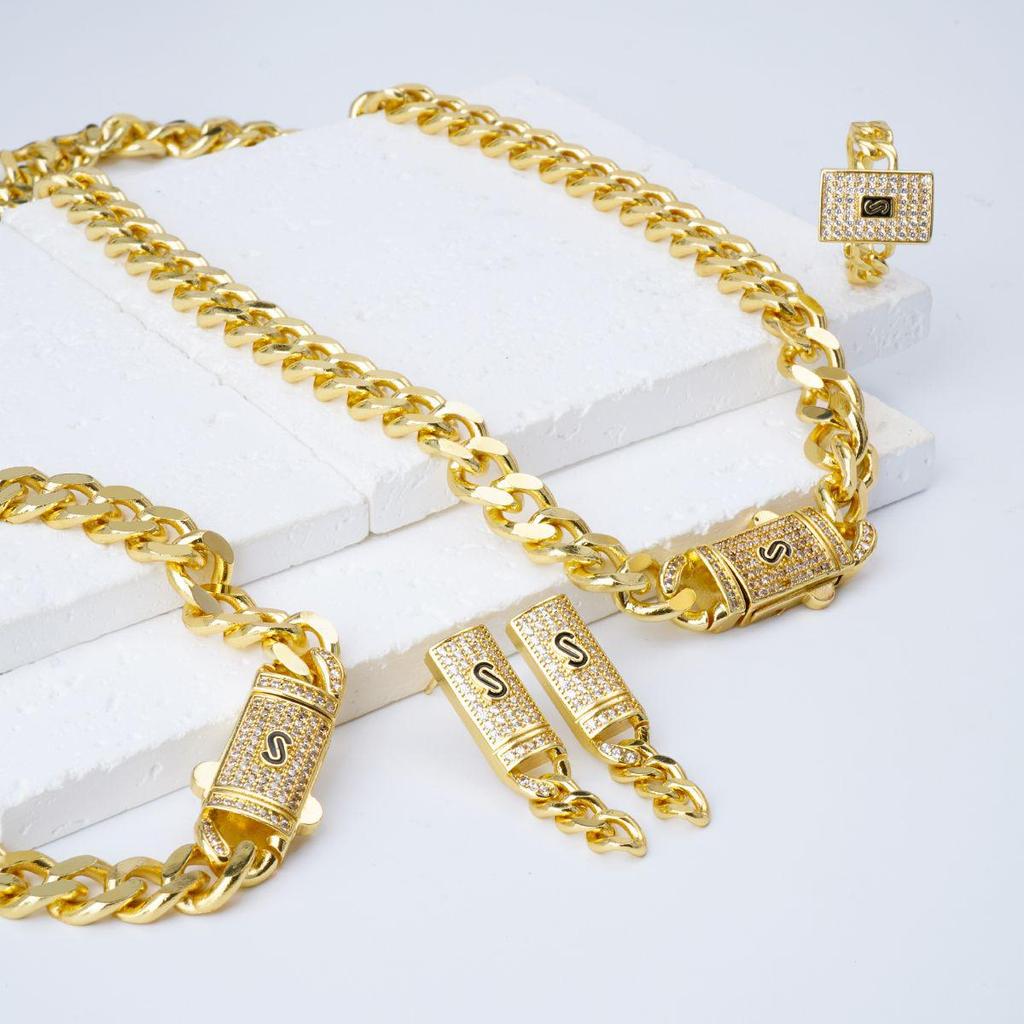 Cuban Style 24K Gold-Plated Jewelry Set: Necklace, Earrings, Bracelet & Ring with Zircon Accents - Bold European & American Hip Hop Design.