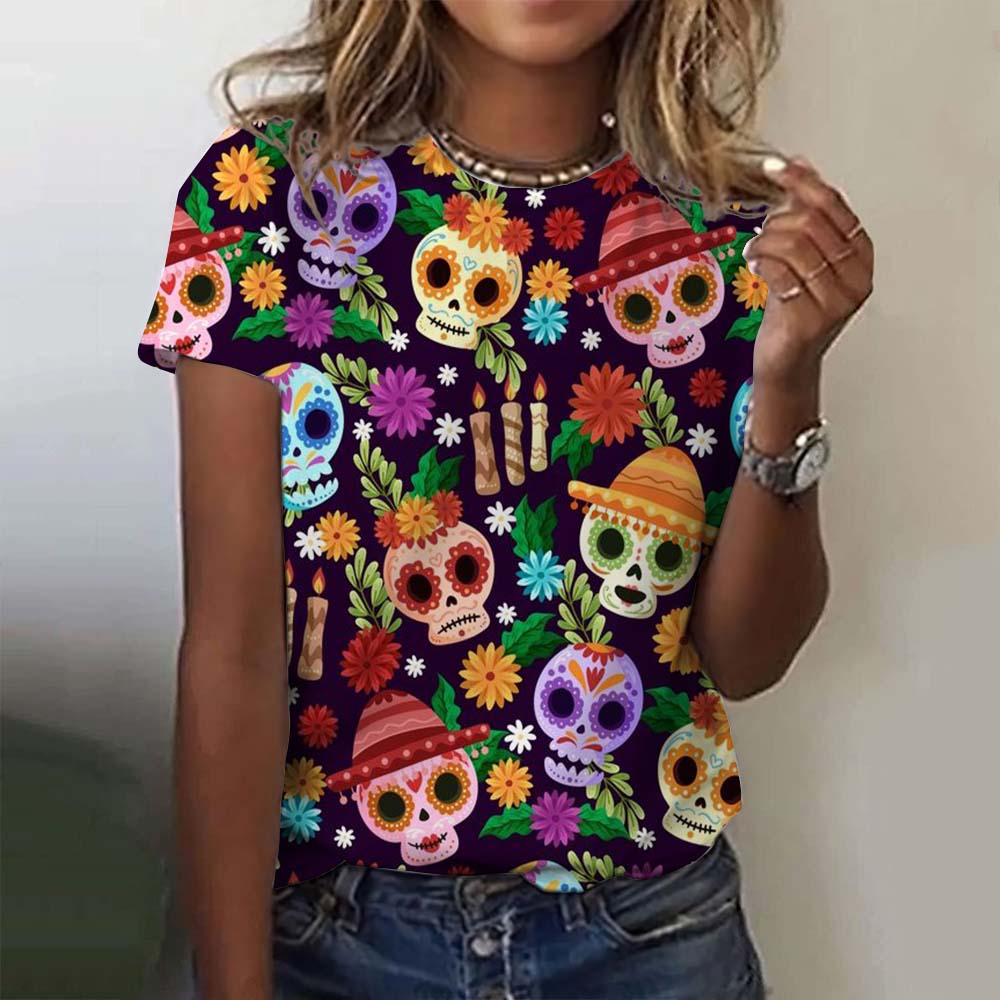 Summer Round Neck 3D Colorful Skull Pattern Print Top Fashionable Casual Short Sleeved Women's T-shirts