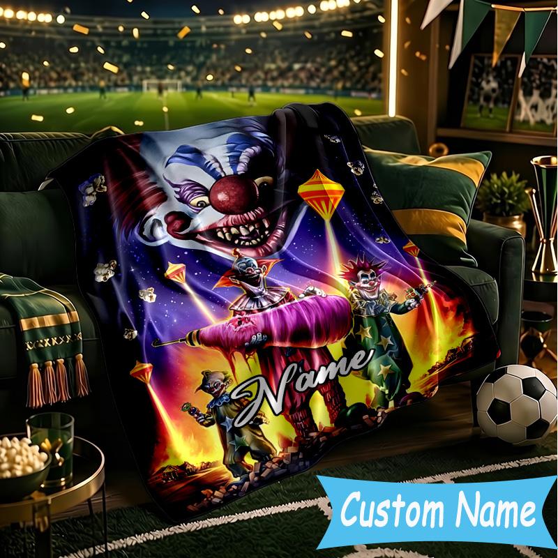 1PC Custom Name Clown Horror Throws Blanket Flannel Blankets for Couch Bed Gifts for Men Women Travel Picnic Christmas fan Gifts