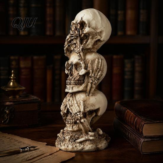 Aged Texture Skull Stacked Heads Statue, Gothic Resin Figurine, See Speak Festive Holiday Decorations Hear No Evil Skulls Sculpture for Halloween