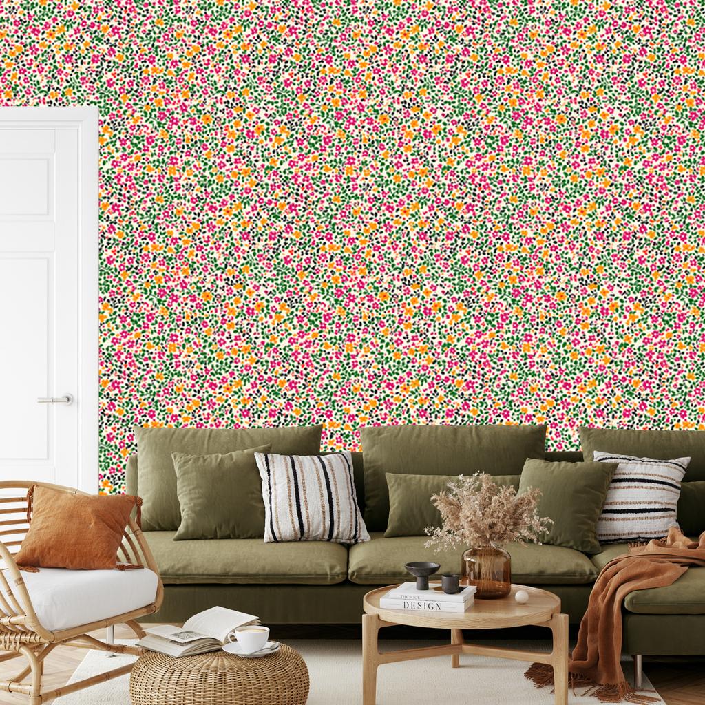 Wallpaper Small flowers beige, green, coral and lime 50x1000