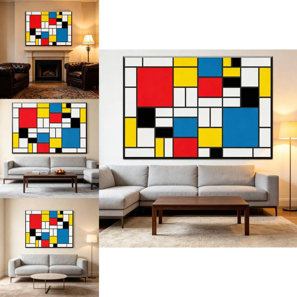 Red Yellow Blue Abstract Grid Artwork For Living Room Decor