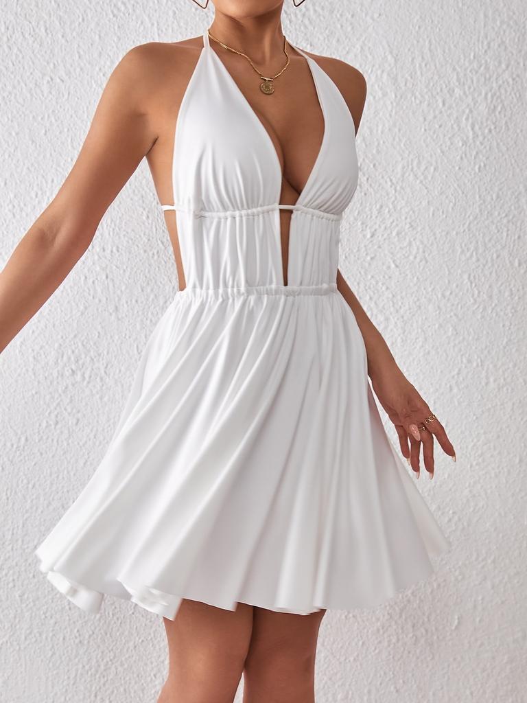 V Neck Mini Halter Dress Sleeveless Solid Dresses Women Causal Dresses