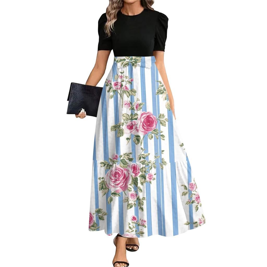 Женское модное повседневное платье с поясом, коротким рукавом, круглым вырезом и принтом, элегантное и темпераментное