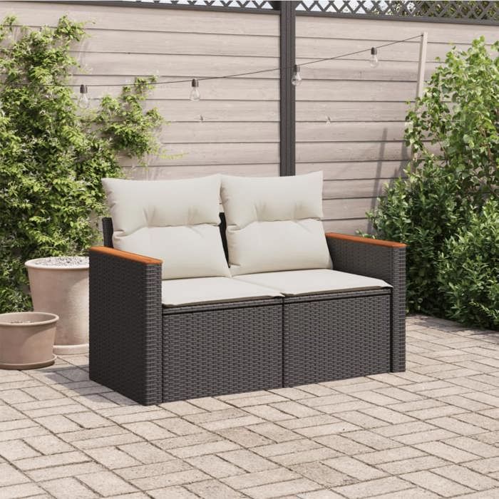 VidaXL Canapé de Jardin avec Coussins 2 Places, Siège avec Accoudoirs, Transat avec Dossier, Meuble de Terrasse Patio, Noir 366008