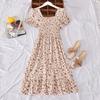 "French Retro Floral Square Neck Puff Sleeve Dress for Petite Women - High Waist, Sweet, Short Spring Style"