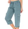 Women's Casual Color Blocking High Waisted Drawstring Pocket Workwear Pants Capris