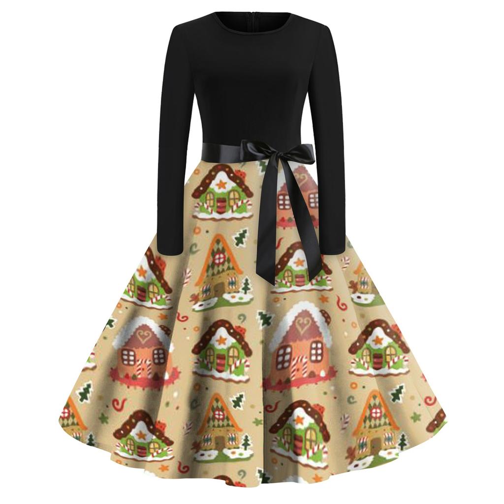 Women's Casual Fashion Round Neck Long Sleeve Christmas Printed Vintage Long Dress