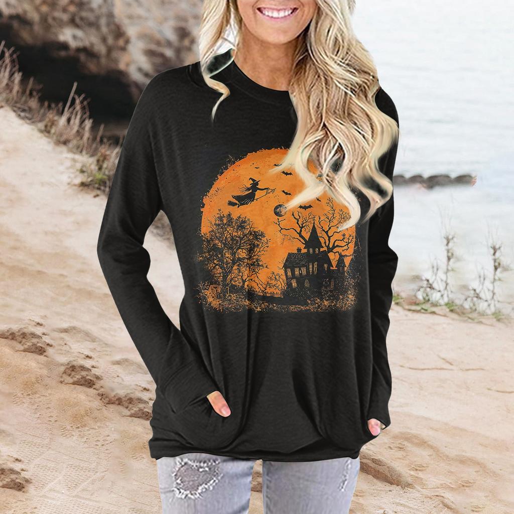 Женская модная повседневная футболка с круглым вырезом и принтом, длинными рукавами и карманами