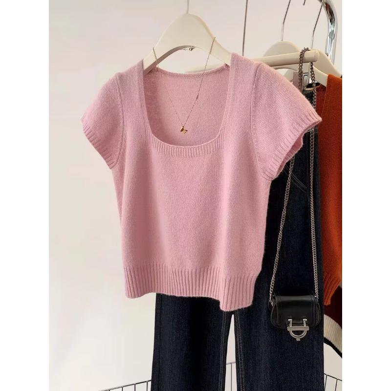 Spring and Summer New Square Neck Thin Knitted Sweater Top Women's Fashion Solid Color Gentle Temperament Simple Bottom T-shirt