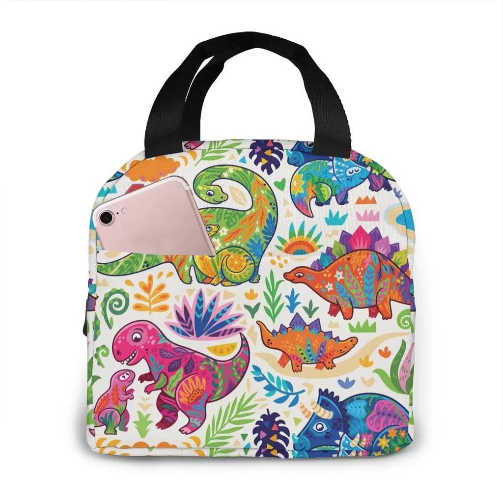 Cartoon Dinosaur Canvas Portable Cooler Lunch Bag Fashion Thermal Insulated Food Bags Food Picnic Lunch Box Bag for Adult Kids