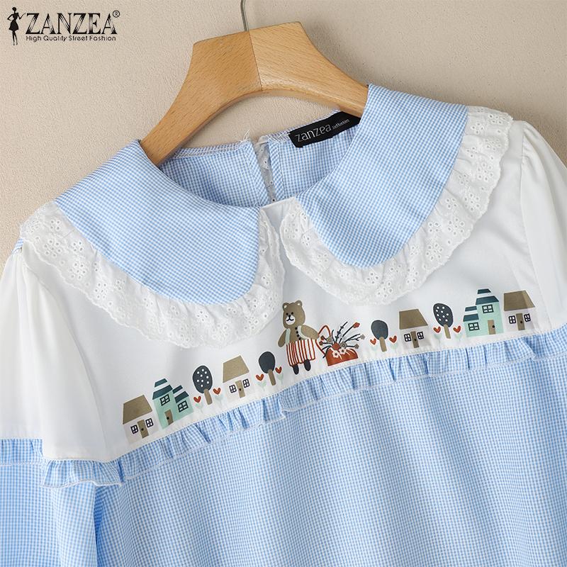 ZANZEA Женская повседневная блузка с длинным рукавом и воротником-стойкой в стиле пэчворк