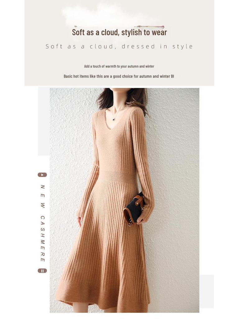 Women's Pure Wool V-Neck Ribbed Knit Dress: Slim, A-Line, Warm Autumn/Winter Sweater Skirt.