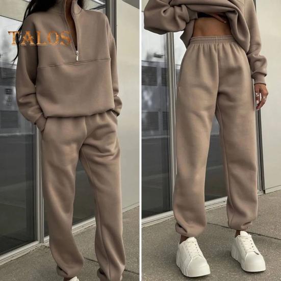 2 Pcs/Set Women Top Pants Set Half Zipper High Collar Long Sleeve Thickened Sweatshirt Stretchy Waist Ankle-banded Trousers Sport Fitness Tracksuit