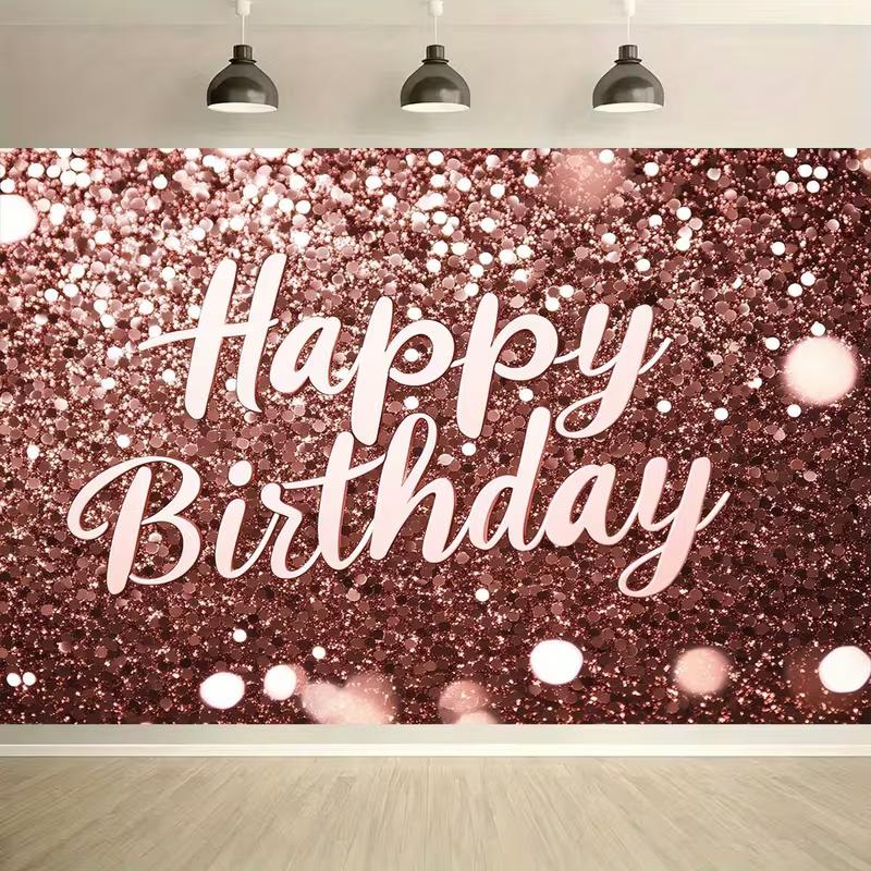 2D Luxury Pink Gold Glitter Happy Birthday Photography Background Banner
