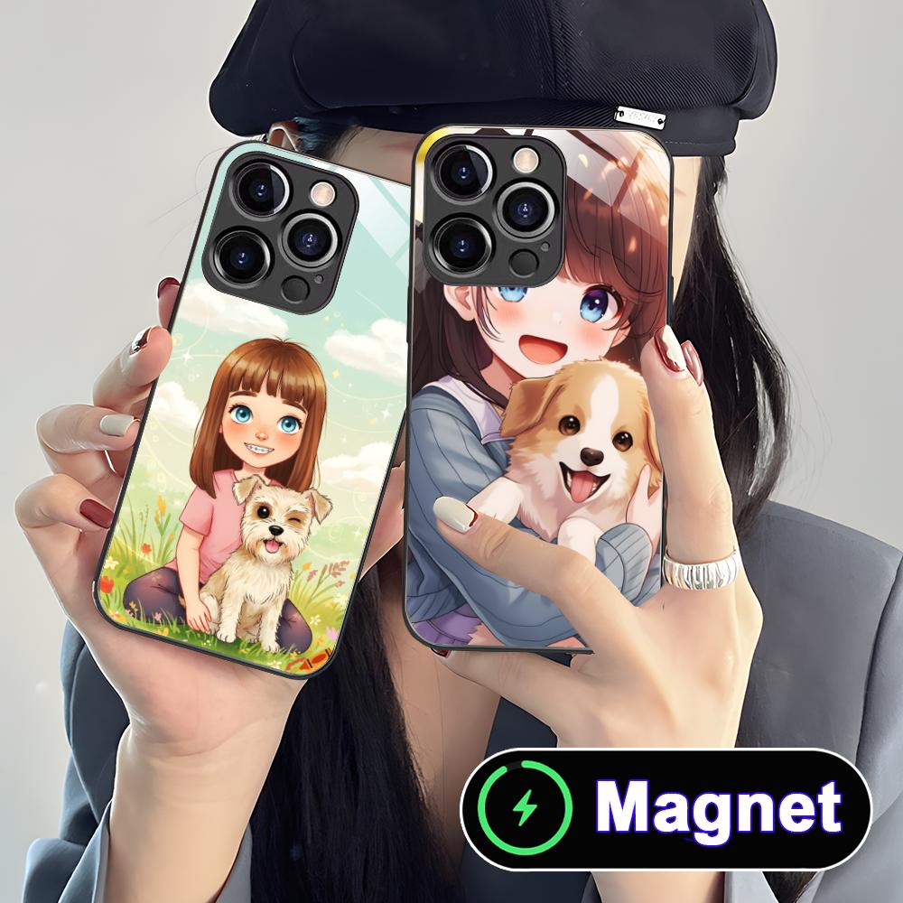 Чехол для мобильного телефона iPhone 17 16 15 14 13 12 11 Air Pro Max Plus Mini, стеклянный, MagSafe, с рисунком девочки и щенка, цветной