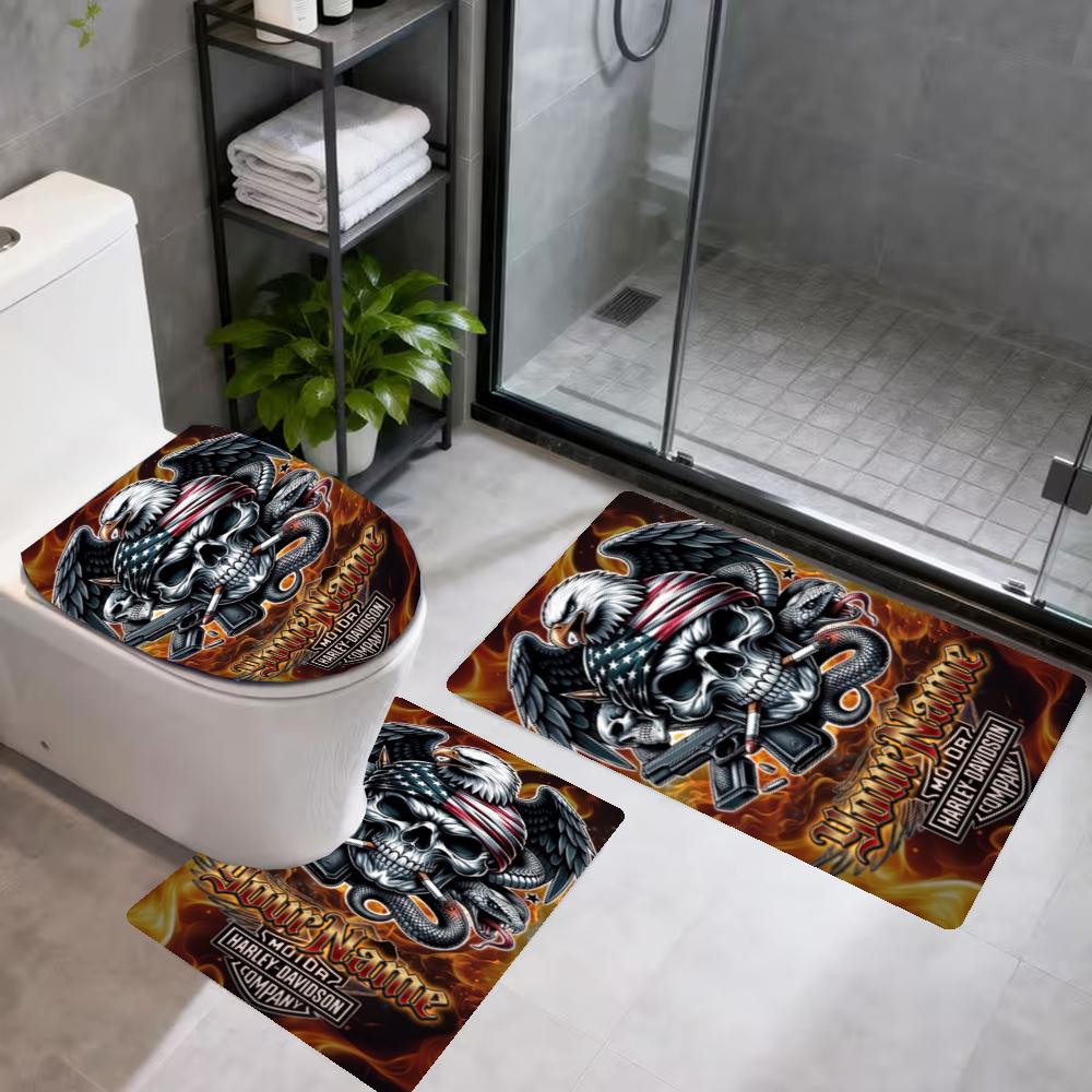 Harleydavidson Motorcycles Customize Your Name Bathroom 3Piece Flannel Mat Set Bath Mat Set Toilet Coverushaped Foot Pad Gift Bathroom Decor