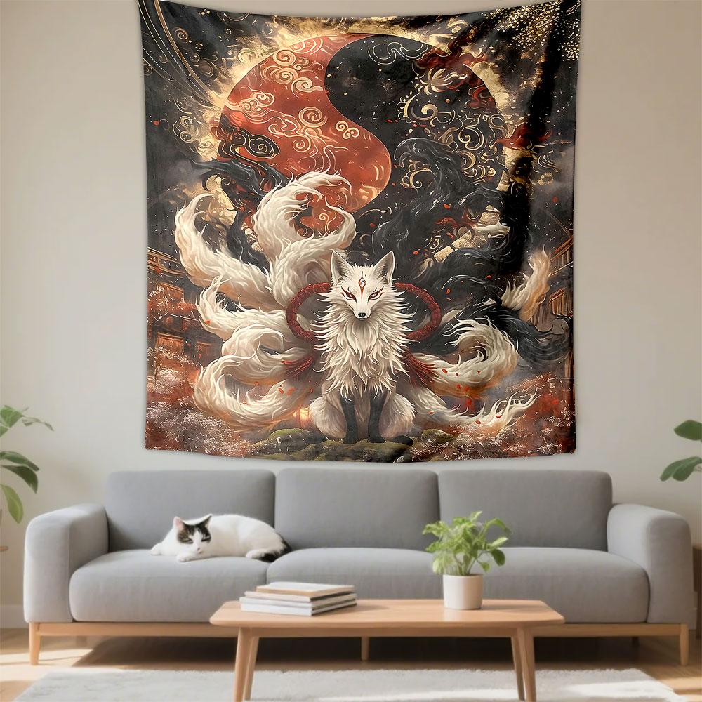 Nine Tailed Fox Wall Tapestry White Kitsune Spirit Yin Yang Moon Japanese Myth Decor for Bedroom Living Room Gift