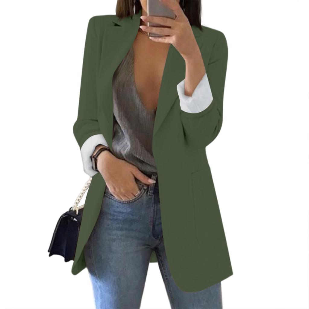 Women Solid Open Front Pockets Cardigan Formal Suit Long Sleeve Blouse Coat
