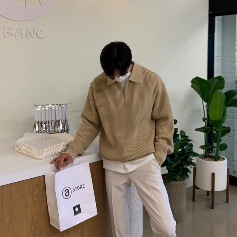 POLO Collar Sweater Men's Winter Thickened Loose Half-Zip Knit Sweater Autumn and Winter Lazy Japanese Retro Jacket