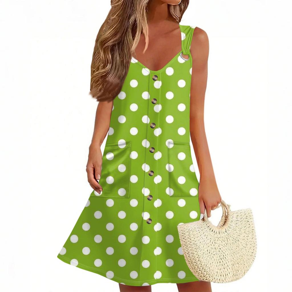 Women's Summer Dress With Pocket Sleeveless Polka Dot Print Sundress