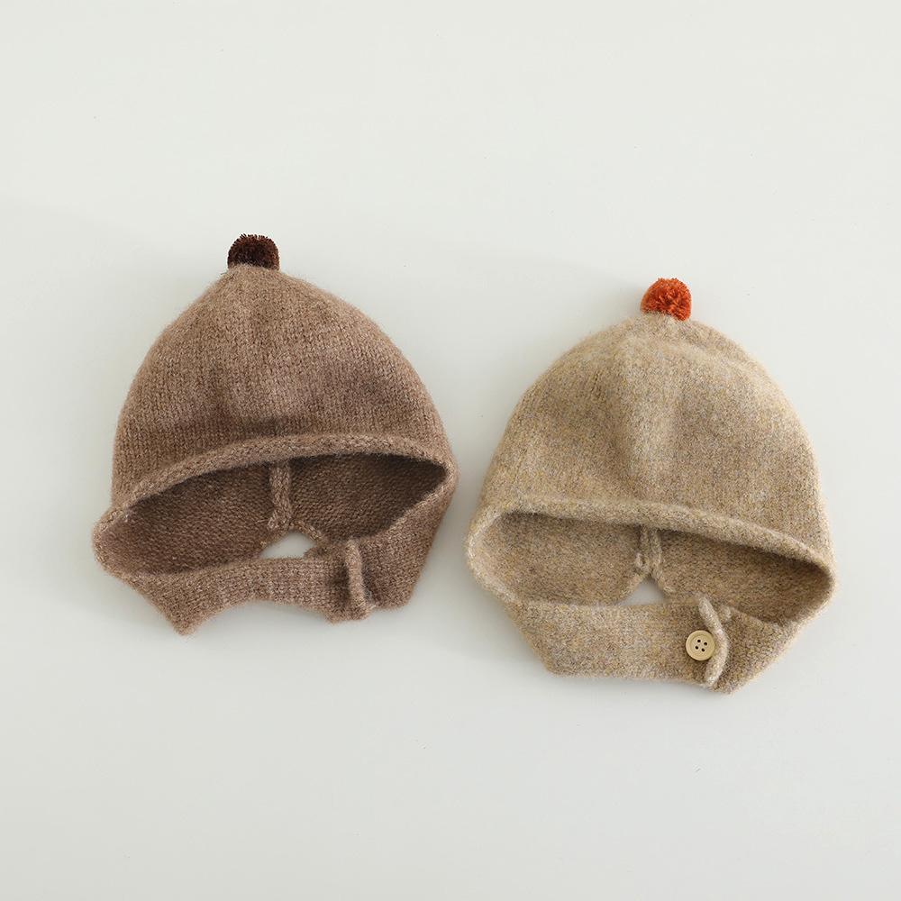 Однотонная шапка с помпоном для малышей, осенне-зимняя вязаная шапка-бини с ушками, ветрозащитная, теплая, для малышей мальчиков и девочек, шапка для защиты ушей