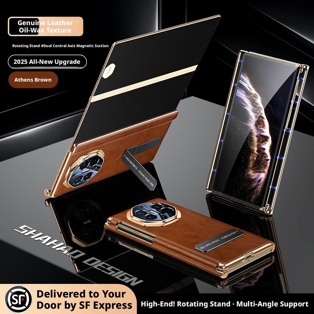 Премиальный Роскошный Чехол из Натуральной Кожи Для Huawei Mate XT/Mate XTs Двойная Центральная Ось Магнитное Складное Шарнирное Соединение Защитная Крышка для Объектива